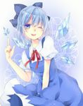  ;d bad_id bad_pixiv_id blue_eyes blue_hair cirno dress ice ice_wings looking_at_viewer miiko_(somnolent) one_eye_closed open_mouth ribbon short_hair smile solo touhou wings 