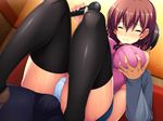  1boy 1girl blush breast_grab brown_hair bulge buttjob cg erection eyes_closed game_cg girl_on_top grabbing grinding himekawa_ami microphone panties penis rootnuko sitting sitting_on_lap sitting_on_person tenioha!_onna_no_ko_datte_honto_ha_ecchi_da_yo? thighhighs underwear 