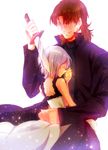  1girl blazbluefairy brown_hair cassock claudia_hortensia couple cross cross_necklace dress fate/stay_night fate_(series) height_difference hetero hug husband_and_wife jewelry knife kotomine_kirei necklace reverse_grip short_hair silver_hair size_difference wavy_hair white_hair 