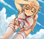  asuna_(sao) blush breasts brown_eyes brown_hair cloud cloudy_sky day dutch_angle dyson_(edaokunnsaikouya) hand_on_own_head large_breasts leaning_forward long_hair panties see-through sky solo sword_art_online thighhighs underwear v white_legwear white_panties 