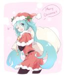  1girl ;d bell black_legwear blue_eyes blue_hair capelet christmas dress fang from_behind fur-trimmed_capelet fur-trimmed_hat fur_trim hair_between_eyes hat hatsune_miku hips holding holding_sack holly long_hair looking_back merry_christmas nejikyuu one_eye_closed open_mouth pink_background pom_poms red_dress red_hat sack santa_costume santa_hat smile solo star twintails very_long_hair vocaloid 