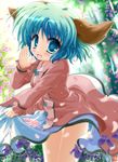  animal_ears blush dress flower green_eyes green_hair highres iwaki_hazuki kasodani_kyouko short_hair skirt_basket solo thighs touhou 