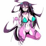  abs bra kneeling long_hair navel pointing purple_hair red_eyes sharp_teeth sketch underwear wink yeeeebis 