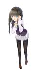  :o black_hair black_legwear blue_eyes blush book hairband highres holding holding_book long_hair office_lady original pantyhose pleated_skirt simple_background skirt solo uttt vest white_background 