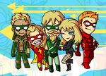  2boys 2girls arrow black_canary blonde_hair blue_eyes bow_(weapon) cape connor_hawke dark_skin daughter dc_comics domino_mask facial_hair family father father_and_son fishnets green_arrow green_arrow_(series) husband_and_wife mask mia_dearden multiple_boys multiple_girls mustache oliver_queen orange_hair pixiv_thumbnail red_arrow resized roy_harper smile son speedy weapon wink 