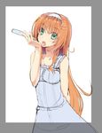  arm_behind_back border collarbone copyright_request dress food hair_ornament hairclip holding licking long_hair looking_at_viewer orange_hair popsicle sketch solo tongue uttt 