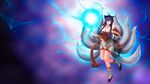  ahri allen_(pixiv) animal_ears bare_shoulders bell blue_hair boots braid breasts cleavage detached_sleeves energy_ball facial_mark fox_ears fox_tail highres korean_clothes large_breasts league_of_legends long_hair multiple_tails orb solo tail very_long_hair whisker_markings yellow_eyes 