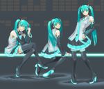  aqua_eyes aqua_hair bare_shoulders blush boots clone detached_sleeves glowing hand_on_hip hatsune_miku headphones headphones_around_neck headset highres long_hair looking_at_viewer looking_back multiple_girls multiple_persona necktie open_mouth robot_(santouhei) sitting skirt smile standing thigh_boots thighhighs twintails very_long_hair vocaloid zettai_ryouiki 