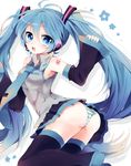  asprach blue_eyes blue_hair boots detached_sleeves hatsune_miku headset highres long_hair nail_polish necktie open_mouth panties skirt solo striped striped_panties thigh_boots thighhighs twintails underwear very_long_hair vocaloid 