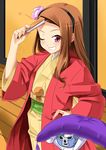  brown_hair buratei_marii buratei_marii_(cosplay) closed_fan cosplay cowboy_shot fan flower folding_fan hair_flower hair_ornament hairband hand_on_hip idolmaster idolmaster_(classic) idolmaster_2 japanese_clothes joshiraku kimono long_hair minase_iori miri_(ago550421) one_eye_closed pink_eyes solo 