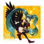  :d aqua_eyes aqua_hair bad_id bad_pixiv_id black_legwear black_wings fang hatsune_miku kanipanda long_hair looking_at_viewer low_wings open_mouth pointy_ears skirt smile solo star thighhighs twintails very_long_hair vocaloid wings 