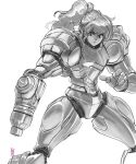  1girl absurdres arm_cannon commentary cowboy_shot david_liu english_commentary faux_traditional_media greyscale highres long_hair marker_(medium) metroid monochrome nintendo no_headwear no_helmet ponytail power_armor power_suit samus_aran solo traditional_media varia_suit weapon white_background 