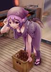  beer_crate bent_over bottle breasts coal crate downblouse earrings hanging_breasts head_scarf japanese_clothes jewelry kamaboko_bijin medium_breasts mystia_lorelei okamisty open_mouth pink_eyes pink_hair sandals short_hair solo sweat tabi tasuki touhou wings 