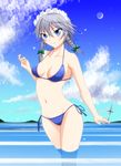  absurdres bad_id bad_pixiv_id bikini braid crescent_moon highres izayoi_sakuya moon panties rifa_(xrefi) short_hair side-tie_panties silver_hair solo swimsuit touhou twin_braids underwear 