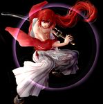  abs bad_id bad_pixiv_id battoujutsu_stance black_background fighting_stance full_body hakama haruko_(ya512722) himura_kenshin japanese_clothes long_hair male_focus ponytail purple_eyes ready_to_draw red_hair rurouni_kenshin sandals scar sheath sheathed solo very_long_hair 