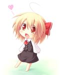  :d ahoge ascot barefoot blonde_hair blush chibi fang hair_ribbon heart looking_at_viewer open_mouth red_eyes ribbon rumia skirt smile solo touhou yokuran 