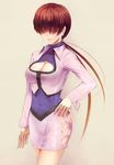  breasts cleavage cleavage_cutout earrings hair_over_eyes hand_on_hip jewelry kenshin large_breasts long_hair miniskirt nail_polish navel ponytail red_hair see-through shermie skirt smile solo the_king_of_fighters 