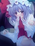  bad_id bad_pixiv_id bat_wings black_legwear blue_hair blush bottomless hat hat_ribbon looking_at_viewer midriff mouth_hold onsen_tamago_(nurumayu_onsen) out-of-frame_censoring purple_eyes red_eyes remilia_scarlet ribbon shirt_lift short_hair sitting skirt skirt_in_mouth skirt_lift smile solo spread_legs thighhighs touhou wings 