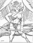  anthro avian big_breasts bikini bird bow_(weapon) bra branch breasts clothed clothing eagle feathered_wings feathers female greyscale harpy_eagle leaves looking_at_viewer monochrome necklace oscar_marcus pinup plume pose quiver ranged_weapon skimpy solo spread_wings swimsuit tight_clothing tree underwear weapon wings wood 