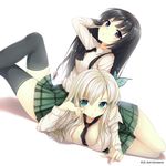  arm_up black_hair black_legwear blue_eyes blush boku_wa_tomodachi_ga_sukunai breasts butterfly_hair_ornament caidychen cleavage crossed_legs hair_ornament highres kashiwazaki_sena large_breasts long_hair lying mikazuki_yozora multiple_girls necktie no_bra plaid plaid_skirt school_uniform shirt silver_hair sitting skirt st._chronica_academy_uniform thighhighs white_shirt 