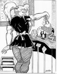  anthro avian big_breasts bird breasts dove faberg&#233;_egg faberg&eacute;_egg feather_duster female french_maid greyscale hair ladder long_hair looking looking_at_viewer looking_back looking_behind maid maid_uniform monochrome oscar_marcus painting pinup ponytail pose solo 