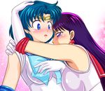  bishoujo_senshi_sailor_moon blue_eyes blue_hair blush breasts earrings elbow_gloves gloves hino_rei inner_senshi jewelry large_breasts long_hair mizuno_ami multiple_girls pirochi purple_eyes purple_hair red_sailor_collar sailor_collar sailor_mars sailor_mercury sailor_senshi_uniform short_hair star tiara white_gloves yuri 