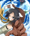  black_eyes black_hair brave_witches bruise clenched_teeth flying gloves hi-ho- incoming_punch injury kanno_naoe neuroi scarf short_hair solo striker_unit striped striped_scarf teeth world_witches_series 