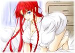  all_fours bed blue_eyes braid breasts cleavage hong_meiling large_breasts long_hair looking_at_viewer naked_shirt niwatazumi no_hat no_headwear red_hair shirt solo touhou twin_braids 