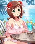  amami_haruka bikini blue_hawaii blue_sky bob_cut breasts brown_hair chair cleavage day drink drinking_straw flower food frilled_bikini frilled_swimsuit frills fruit glass green_eyes hair_flower hair_ornament hair_ribbon hibiscus hood hoodie idolmaster idolmaster_(classic) idolmaster_cinderella_girls jacket jacket_over_swimsuit looking_at_viewer medium_breasts ocean off_shoulder official_art open_clothes open_hoodie pov_across_table ribbon seaside side-tie_bikini sitting sky soda solo summer swimsuit table tropical_drink white_bikini wooden_chair wooden_table 