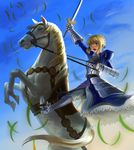  ahoge armor armored_dress artoria_pendragon_(all) bad_id bad_pixiv_id blonde_hair blue_eyes dress excalibur fate/stay_night fate_(series) faulds gauntlets horse reins saber solo suzumebati3 sword weapon 