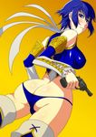  1girl ass atlus blue_eyes blue_hair blue_panties blush boots breasts butt_crack detached_sleeves erect_nipples from_behind frown gun high-cut_armor ippo large_breasts looking_back lowleg lowleg_panties panties persona persona_4 persona_4_the_golden shirogane_naoto short_hair simple_background solo thigh_boots thighhighs underwear weapon 