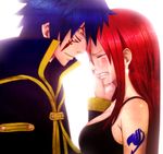  1boy 1girl blue_hair breasts clenched_teeth couple erza_scarlet fairy_tail jellal_fernandes large_breasts long_hair red_hair short_hair tattoo tears teeth 