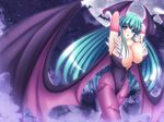  animal_print armpits arms_behind_head bad_id bad_pixiv_id bat bat_print bat_wings blush breasts cleavage demon_girl elbow_gloves gloves green_eyes green_hair head_wings huge_breasts leotard long_hair mikan_(5555) moon morrigan_aensland open_mouth pantyhose print_legwear purple_wings solo succubus vampire_(game) wings 