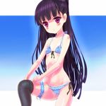  bikini frills garters inu_x_boku_ss koumo long_hair purple_eyes purple_hair shirakiin_ririchiyo single_thighhigh solo swimsuit thighhighs 