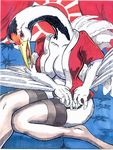  anthro avian big_breasts bird black_feathers breasts colored common_crane crane curtains eyelashes feathered_wings feathers female garter_straps legwear looking_at_viewer orange_feathers oscar_marcus pinup pose red-crowned_crane red_clothing red_curtains red_eyes rising_sun solo stockings thigh_highs white_feathers white_thighhighs winged_arms wings 