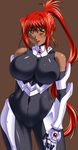  1girl black_package_try breasts dark_skin large_breasts ponytail red_hair ryoushuu_kinin_no_mesuniku_jikken_chousho solo 