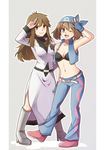  ;) alternate_costume arm_up athena_(pokemon) athena_(pokemon)_(cosplay) bandana belt blue_(pokemon) blue_eyes boots bra breasts brown_hair cleavage coat cosplay fingerless_gloves full_body gloves green_eyes haruka_(pokemon) izumi_(pokemon) izumi_(pokemon)_(cosplay) looking_at_viewer medium_breasts midriff mokorei multiple_girls one_eye_closed pokemon pokemon_(game) pokemon_frlg pokemon_hgss pokemon_rse salute simple_background smile team_aqua team_rocket underwear vest 