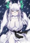  1girl animal_ears black_gloves breasts center_opening chestnut_mouth cleavage glasses gloves heidimarie_w_schnaufer hime_cut japanese_clothes kimono large_breasts long_hair maru_(maruttona) maruttona navel open_mouth red_eyes sleeves_past_wrists snow solo strike_witches white_hair wide_sleeves 