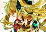  blonde_hair colored_eyelashes doll floating_hair hair_between_eyes hair_grab hair_over_one_eye jitome lips long_hair marion_phauna sakuramochi1003 serious shaman_king twintails wind yellow_eyes 