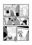  1girl :3 bird coin comic double_bun futatsuiwa_mamizou futatsuiwa_mamizou_(tanuki) glasses greyscale ibaraki_kasen leaf leaf_on_head monochrome pants pince-nez seki_(red_shine) shaved_ice shirt short_hair silent_comic skirt touhou 