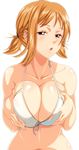  1girl bikini blush breasts_hold huge_breasts nami one_piece open_mouth orange_hair photoshop sexually_suggestive shiny_skin simple_background solo twintails 
