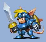  1boy animal_ears armor blonde_hair blue_armor blue_background brown_eyes chibi clenched_hands commentary english_commentary from_side full_armor full_body furry gauntlets goggles goggles_on_head greaves headgear holding holding_weapon male_focus nose pauldrons rocket_knight_adventures simon_stafsnes_andersen snout solo sparkster sword tail thrusters weapon whiskers 