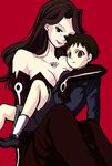  1boy 1girl bare_shoulders black_dress black_gloves black_hair breasts brother_and_sister cleavage dress fullmetal_alchemist gloves holding homunculus long_hair lust ouroboros pride purple_eyes red_eyes selim_bradley short_hair shorts simple_background slit_pupils smile strapless_dress tattoo 