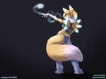  anthro black blonde_hair canine dark_theme darkness digimon female fox glowing hair jeans jemma jemma_(jingx1) magic mammal markings pose renamon simple_background socks_(marking) solo standing t-kay yellow_body 