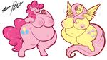  anthro anthrofied big_breasts breasts cappuccino cappucola chubby cookie cutie_mark duo equine female fluttershy fluttershy_(mlp) friendship_is_magic hair horse huge_breasts mammal my_little_pony nipples obese overweight pegasus pink_hair pinkie_pie pinkie_pie_(mlp) plain_background pony thick_thighs white_background wings 