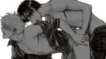  anal bad_id bad_pixiv_id blush bottomless doggystyle gintama greyscale hijikata_toushirou male_focus monochrome multiple_boys naughty_face open_clothes open_mouth open_shirt penis sakata_gintoki sex shirt shirtless tkr_(lovedelic99) yaoi 