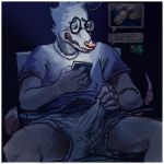  2018 anthro barry_the_possum blush boxers_(clothing) bulge cellphone clothed clothing digital_media_(artwork) english_text erection erection_under_clothes eyebrows eyewear fur glans glasses hi_res humanoid_penis male mammal marsupial open_mouth opossum penis phone precum simple_background sitting smile teeth text text_message trashtail underwear 