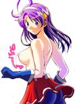  ahoge asamiya_athena ass back bad_id bad_pixiv_id bangs blue_gloves blush breasts clenched_hand cowboy_shot elbow_gloves flipped_hair from_side gloves gradient hair_ornament hairband heart ken_maru long_hair looking_back looking_down medium_breasts miniskirt motion_lines nipples pleated_skirt purple_eyes purple_hair simple_background sketch skirt solo spandex spoken_heart star star_hair_ornament sweatdrop the_king_of_fighters topless translation_request white_background wind wind_lift 