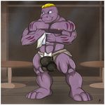  2012 aaron_(artist) abs anthro balls bartender biceps big_muscles bow_tie bulge cleaning clothed clothing glass half-dressed jockstrap machoke male muscles nintendo nipples pecs penis pepsi_(fa) pok&#233;mon pokemon pose rag table topless underwear vein video_games waiter 