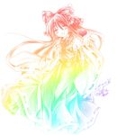  :d anna_(small_night) cravat hakurei_reimu long_hair long_skirt looking_at_viewer open_mouth outstretched_arm rainbow_order simple_background skirt smile solo touhou very_long_hair vest white_background 
